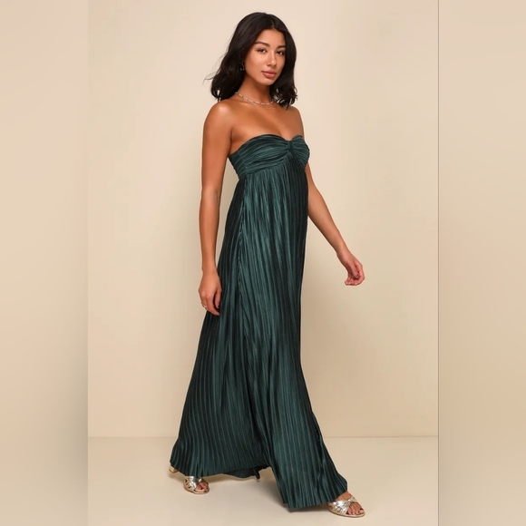 Lulus Whimsical Beauty Emerald Green Satin Plisse Strapless Maxi Dress XXL Party - Picture 4 of 8